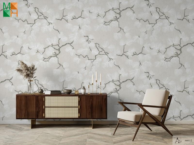 Giấy dán tường hàn quốc hình lá cây màu xám 6801-2