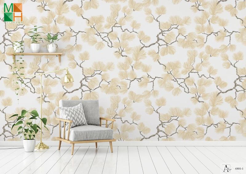 Giấy dán tường hàn quốc hình lá cây màu ngà 6801-1