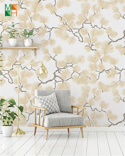 Giấy dán tường hàn quốc hình lá cây màu ngà 6801-1