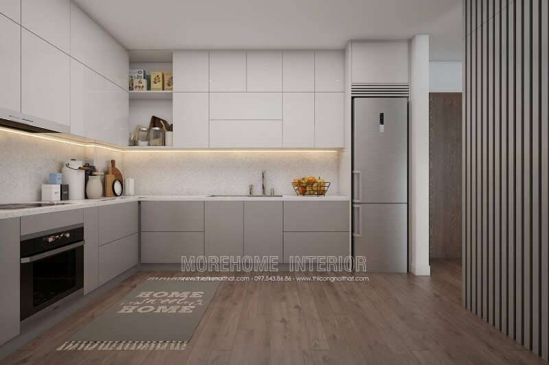 Hệ thống tủ bếp trên, tủ bếp dưới thiết kế hiện đại, mang đến khu vực chứa đồ tiện nghi mẫu tủ bếp gỗ công nghiệp An Cường