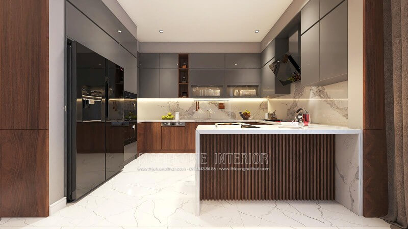 Tủ bếp gỗ An Cường đẹp sang trọng cho phòng bếp chung cư, nhà phố, biệt thự hiện đại. mẫu tủ bếp gỗ công nghiệp An Cường