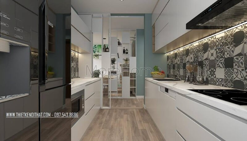 Tủ bếp gỗ acrylic thiết kế kịch trần tạo không gian lư trữ lớn Tủ bếp gỗ công nghiệp