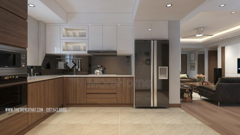 Tủ bếp dưới sử dụng chất liệu gỗ công nghiệp dán Veneer, tủ bếp trên được sử dụng với chất liệu gỗ công nghiệp phủ bề mặt acrylic tiện nghi, đa năng Tủ bếp gỗ công nghiệp