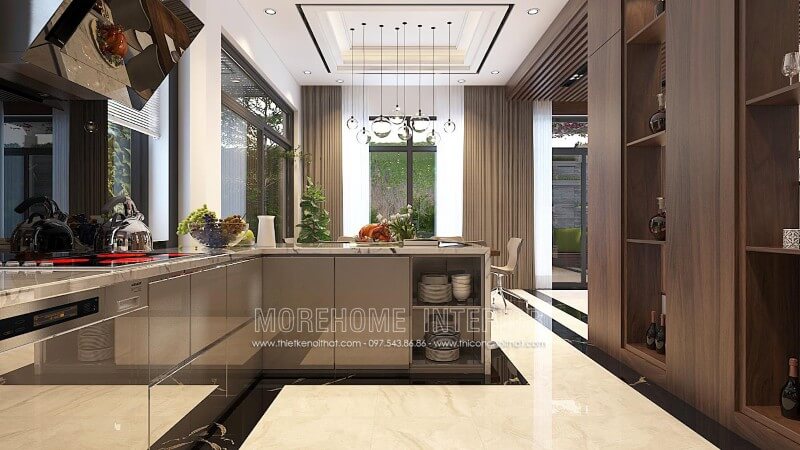 Mẫu tủ bếp Acrylic phủ bóng gương đầy mới lạ, tone màu xám nhẹ ấn tượng mang lại sự sang trọng cho căn phòng Tủ bếp gỗ công nghiệp