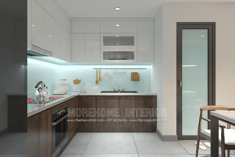 Tủ bếp hiện đại đẹp với sự kết hợp hài hòa của 2 gam màu nâu trầm và trắng tinh tế mang lại sự cuốn hút khó có thẻ rời mắt Tủ bếp gỗ công nghiệp