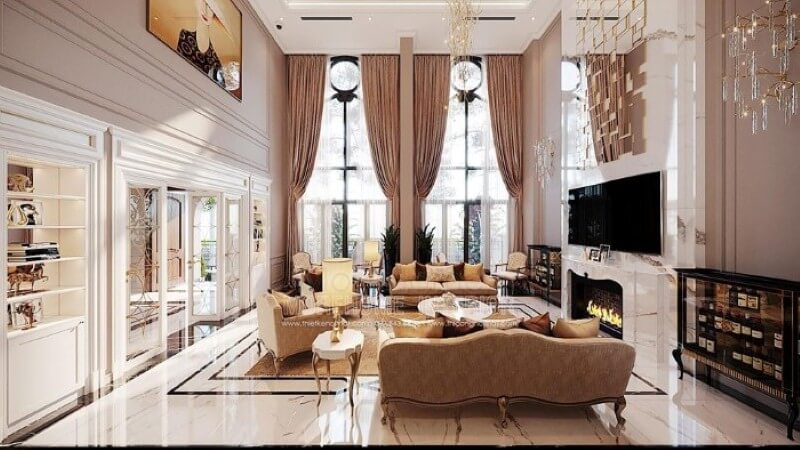 Thiết kế nội thất phòng khách tân cổ điển đẹp, sang trọng tại Vinhomes Imperia Hải Phòng. Thiết kế phòng khách biệt thự