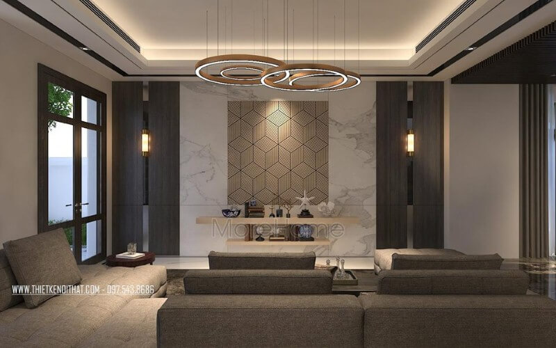 Thiết kế phòng khách hiện đại ấn tượng với đá ốp tường cao cấp cùng họa tiết 3D độc đáo. Thiết kế phòng khách biệt thự